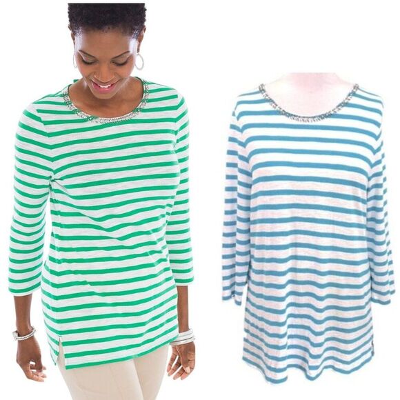 Chico’s Size Tunic Tee 3 XL Blue Rock Star Stripe Embellished - Picture 1 of 15